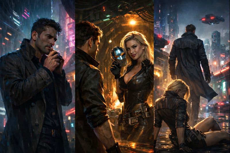 Futuristic man and sleek woman are both androids. One replaces the other.